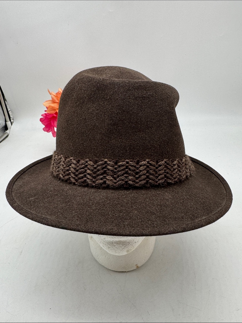 Mallory Brown Felt Fedora with Braided Band and Floral Accent Size 7 3/8